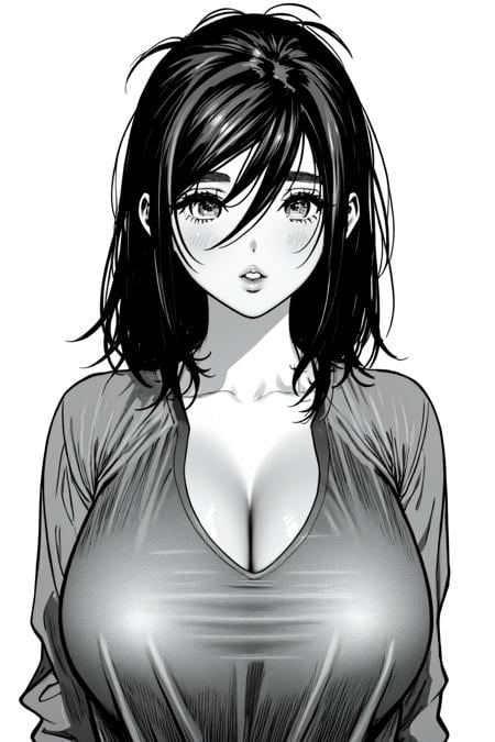 1girl, black hair, solo, breasts, large_breasts, simple_background, shirt, white_background, cleavage, hair_between_eyes, monochrome, greyscale, parted lips, messy_hair, sleepy<lora:USA18:0.8>