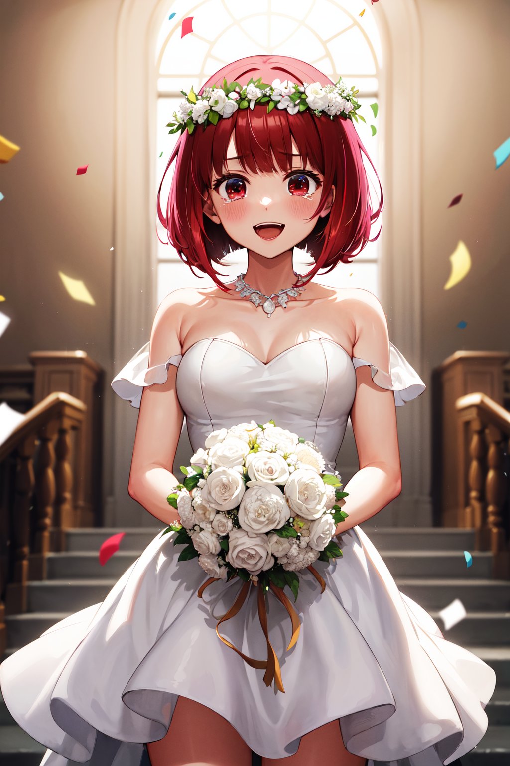 masterpiece, best quality, highres, aakana, short hair, red eyes, <lora:arima_kana_v1:0.7>, standing, cowboy shot, wedding dress, white dress, head wreath, holding bouquet, smile, open mouth, tears, confetti