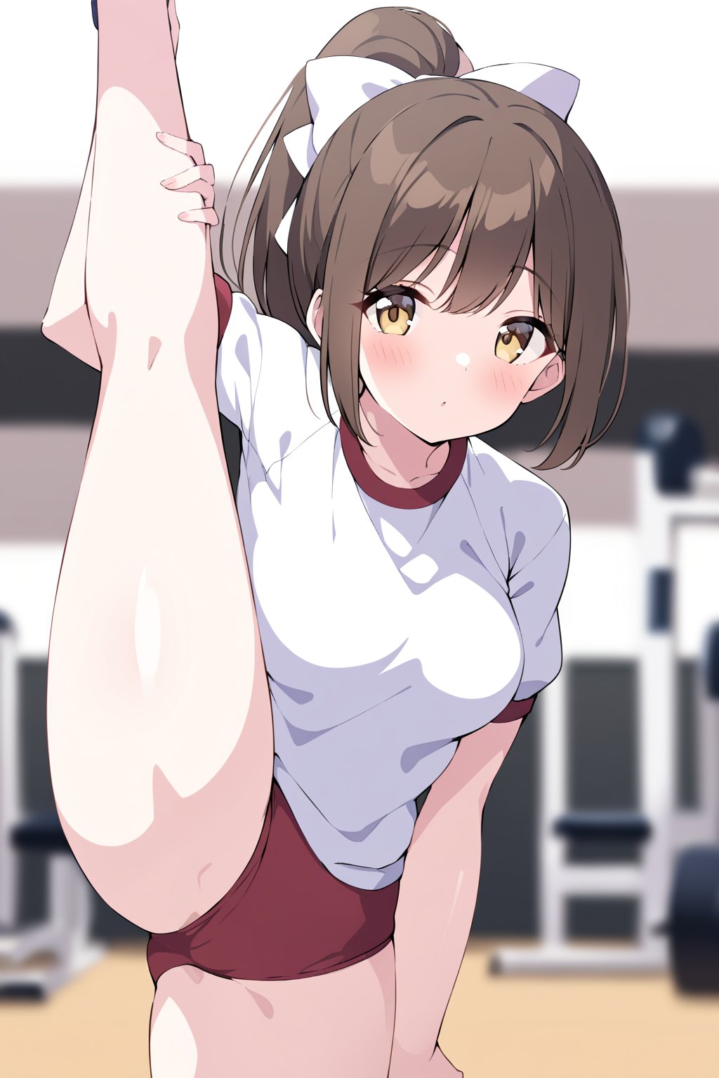 cowboy shot, sunohara shizuka, solo, ponytail, brown hair, brown eyes, gym uniform, gym, standing split, hair bow, looking at viewer,masterpiece, perfect face, best quality, beautiful girl, blurry background, cute girl, beautiful eyes, shiny eyes, absurdres, <lora:sunohara shizuka anit 2:1>