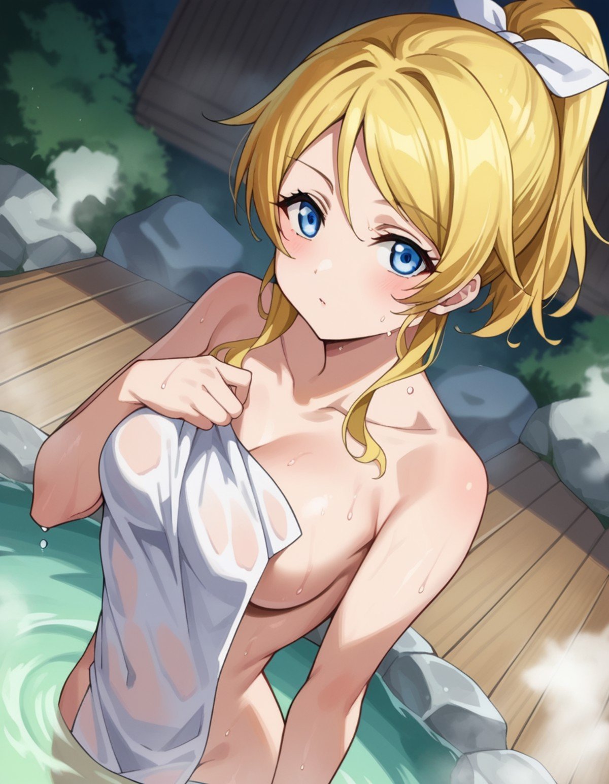 score_9, score_8_up, score_7_up, source_anime,eliayase, <lora:eli-ayase-s1-ponyxl-lora-nochekaiser:1>,eli ayase, yellow hair, blue eyes, ponytail, hair ribbon,nude, naked, outdoors, onsen, towel, naked towel, steam, bathing, nude cover, partially submerged, water, bath, steam censor, wet towel,looking at viewer, cowboy shot, dutch angle,