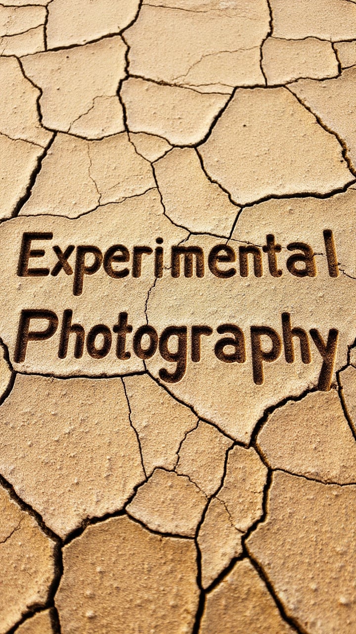 The words:"Experimental Photography" are etched into dry, cracked earth, using the natural lines of the ground to enhance the text’s rugged, textured appearance. , aidmaExperimentalPhotography