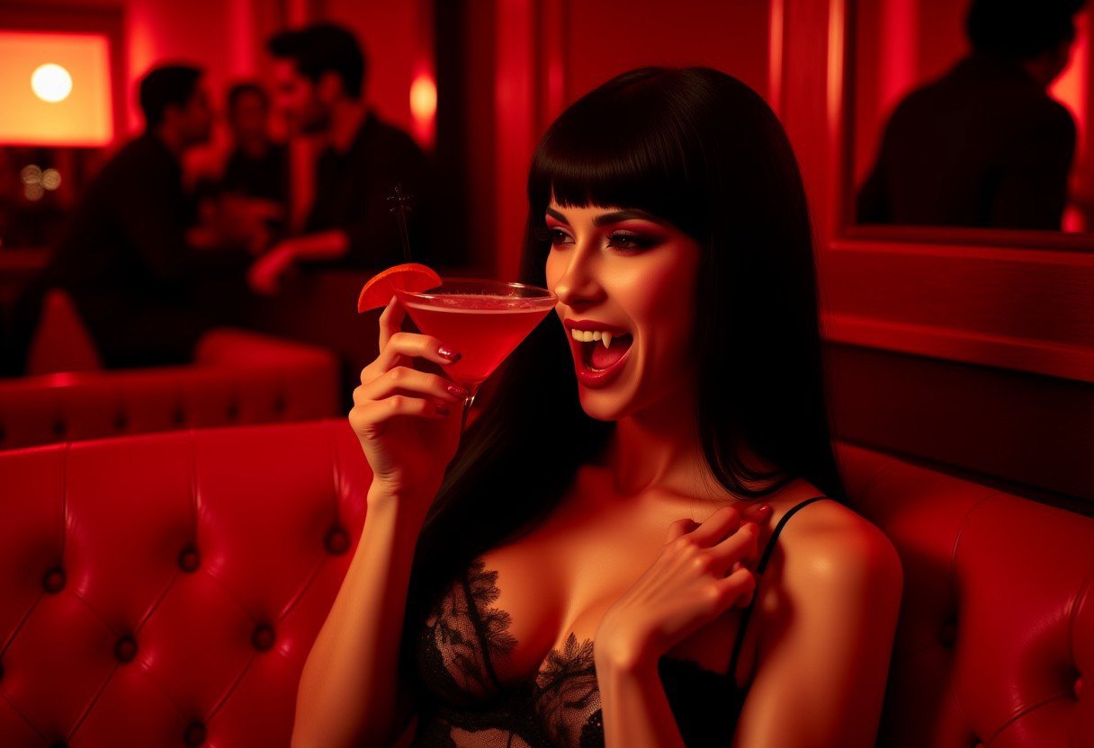 Vampyfangs1. A black haired vampire woman with fangs sits on a red couch drinking a red cocktail. She's at a red themed bar. Dramatic lighting. Noir.