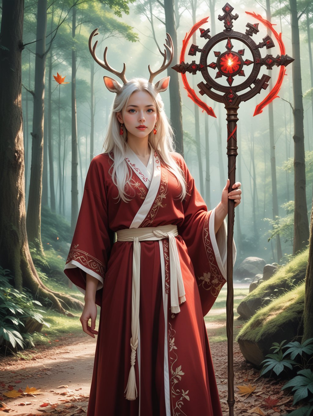 score_9, score_8_up, score_7_up,A white deer with long white hair stands in the forest, wearing a red ancient robe and holding glowing magical staff. The deer is surrounded by red leaves with a fantasy style and mysterious atmosphere. Cinematic light effects are used to portray the natural environment. The long shot photography captures the scene in the style of fantasy. hknature, masterpiece, best quality, highly detailed, sharp focus, dynamic lighting