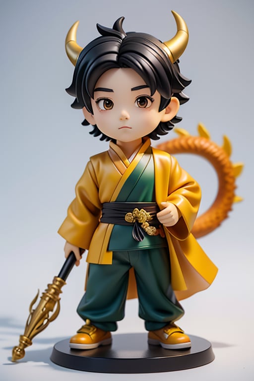 <lora:figurine style:1>,figurine style, 1boy, male focus, chibi, solo, standing, looking at viewer, black hair, brown eyes, full body, closed mouth, eastern dragon, long sleeves, dragon, weapon, short hair, pants, horns, sash, gloves, yellow eyes, simple background, tentacles, shoes