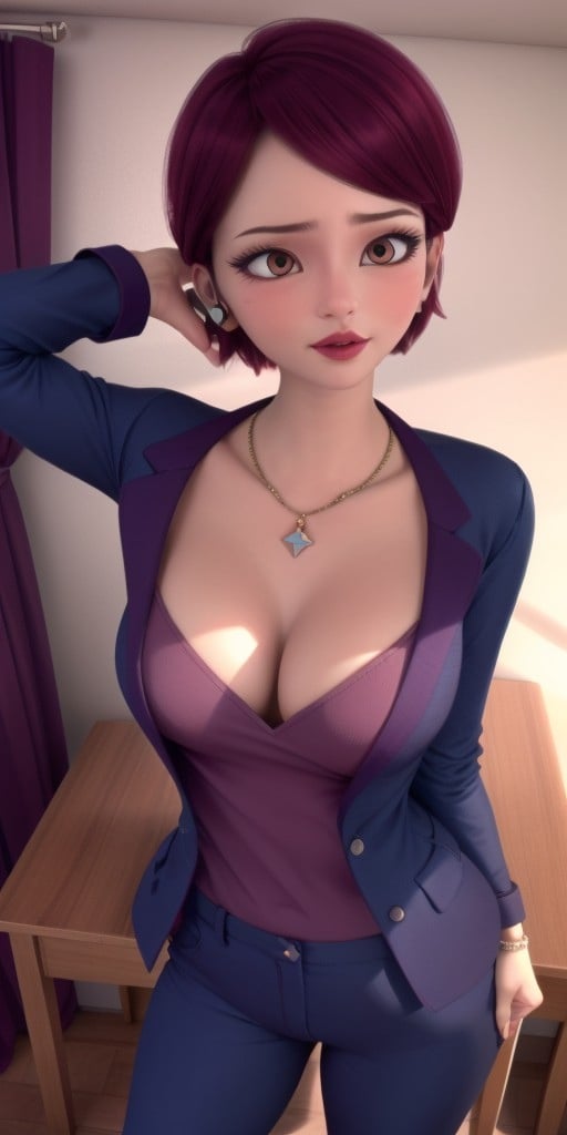 Hyperrealistic, photorealistic, super detailed, perfect face, (strict dark blue jacket), (strict dark blue trousers), short hair with a gradient of strong raspberry to moderate rose color, expressive moderate red eyes, raspberry colored lipstick, body like in real life, large pores, slender, medium height, pale skin, beautiful arms, beautiful legs, unreal engine, octane render, droped shadow, bokeh, cinematic lighting, <lora:add_detail:0.5>, <lora:Volumetric_lighting:0.6>, raspberry colored lipstick, moderate red eyes, short hair with a gradient of strong raspberry to moderate rose color, Chamack, Nadja, , <lora:a9a766c8-d663-4fd8-8723-45c5a2f45a0b:0.7>