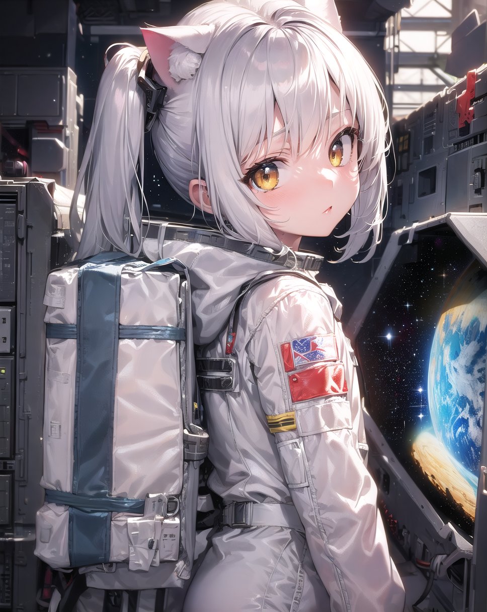 masterpiece, best quality, 1girl, (space), spacecraft, (spacesuit), upper body, from side, science fiction, yellow eyes, twintails, silver hair, cat ears, looking at viewer, 