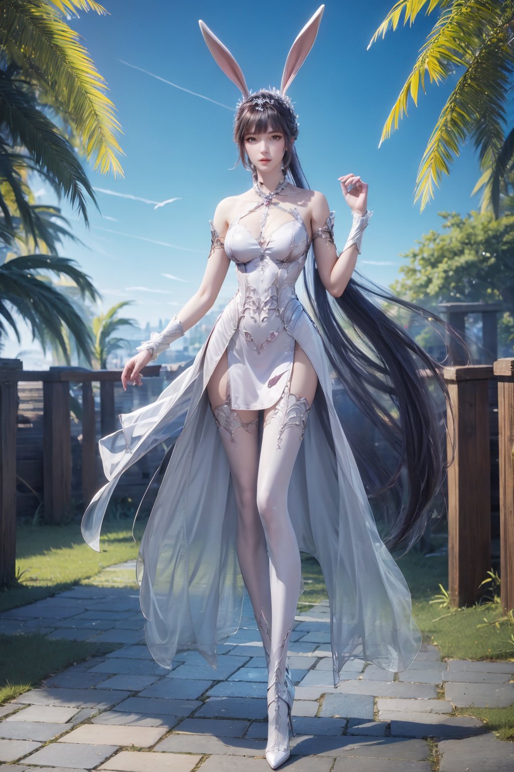 <lora:AgainXiaowu:0.8>, AgainXiaowu, 1girl, solo, animal ears, rabbit ears, long hair, full body, ponytail, tree, hair ornament, high heels, thighhighs, metal collar, sky, palm tree, blue sky, very long hair, dress, bare shoulders, medium breasts, white footwear, standing, white dress, grass, crossed legs, night, see-through