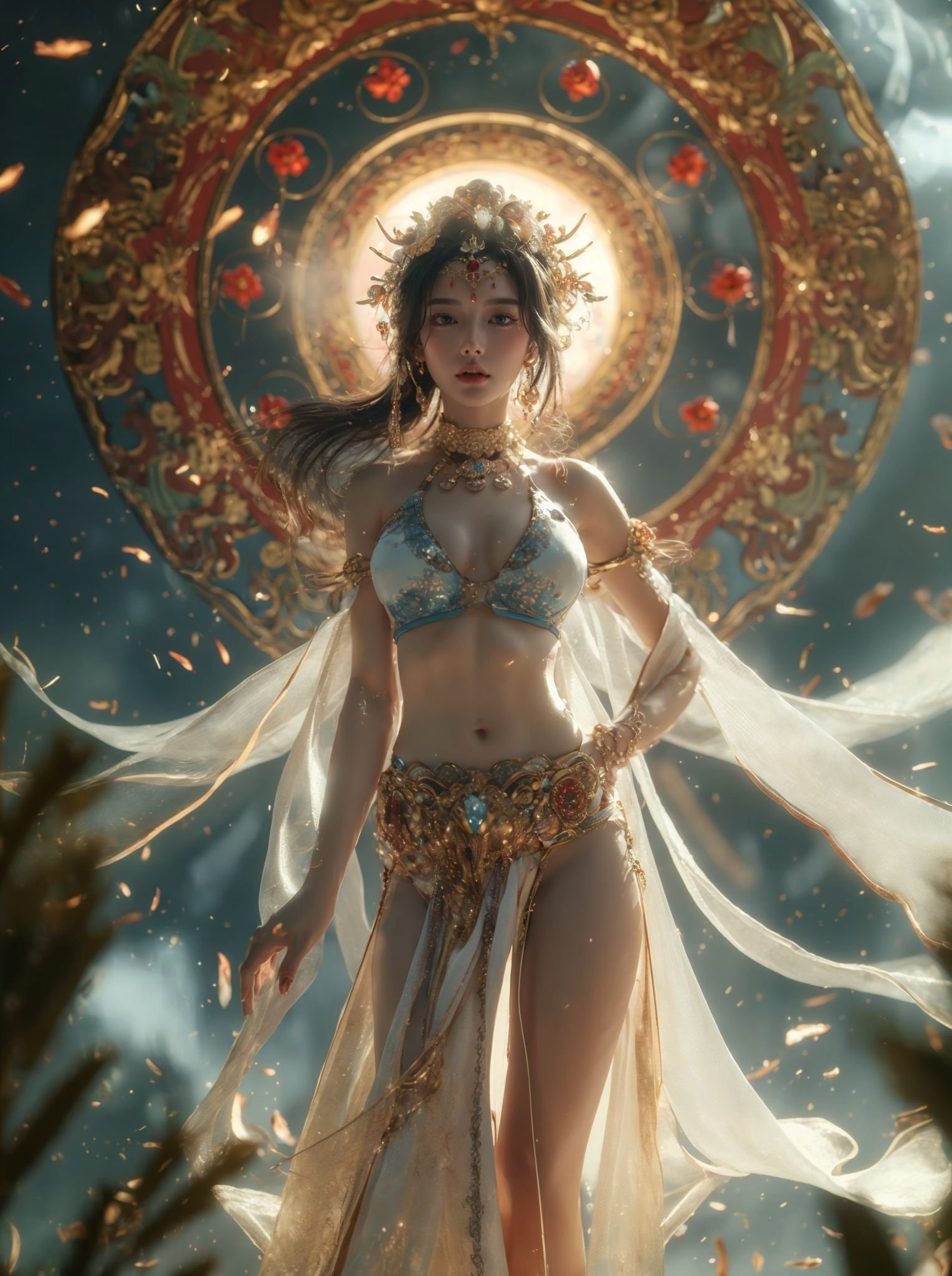 xuer Chinese goddess,1girl,jewelry,solo,navel,breasts,earrings,long hair,black hair,armlet,looking at viewer,parted lips,necklace,standing,ponytail,pelvic curtain,hand on hip,realistic,forehead mark,petals,backlighting,from below,circlet,bra,midriff,hair ornament,bikini,bare shoulders,swimsuit,forehead jewel,lips,(from below:1.1),(full body:1.1),(wide shot, wide-angle lens,Panoramic:1.2),<lora:绪儿-中国女神 xuer Chinese goddess:0.75>,<lora:xuer a sense of story girl_20240320200924:0.5>,