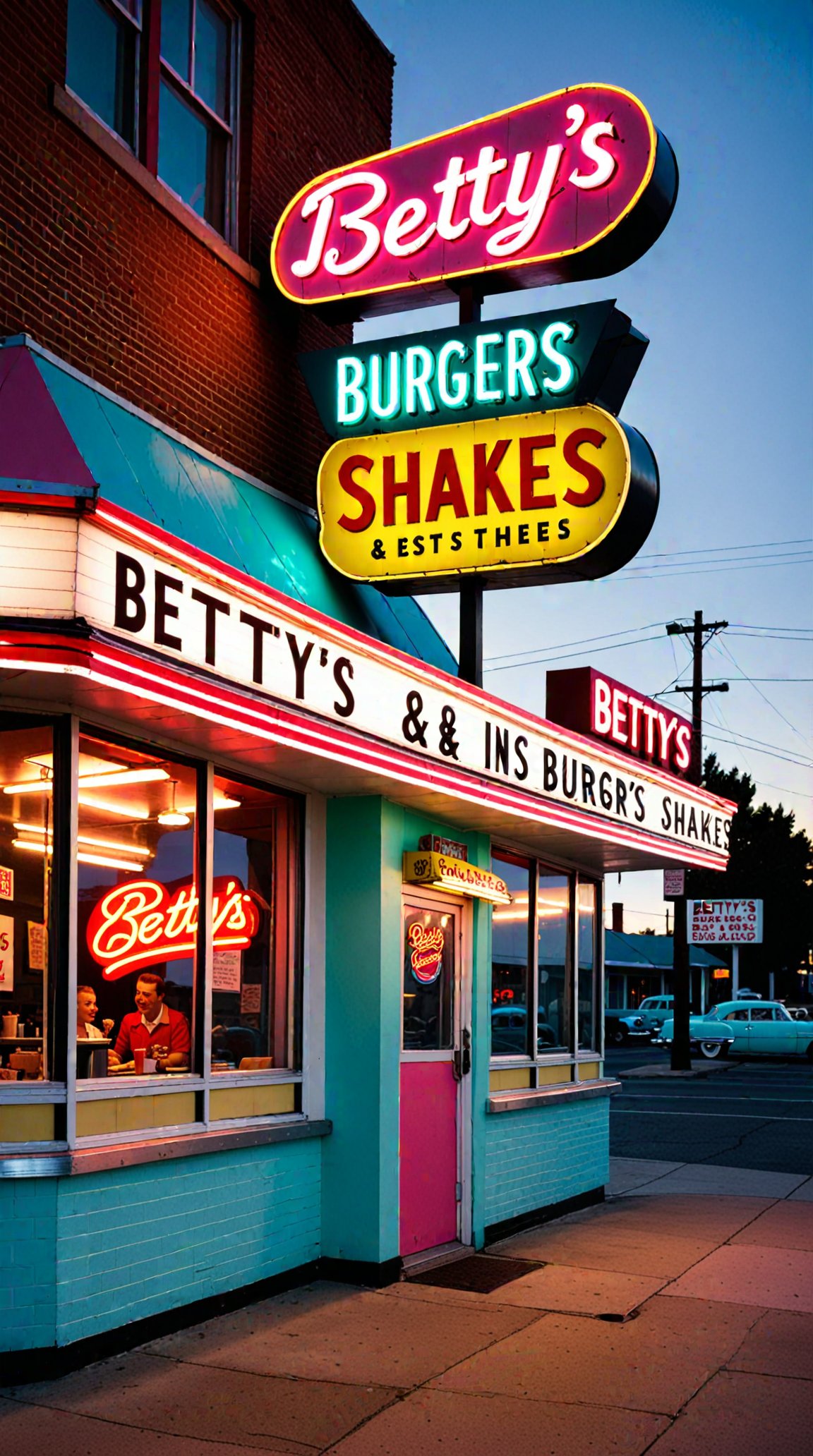 “A vintage 1950s-style diner with a neon sign in the window that reads "Betty's Burgers & Shakes - Est. 1952".”