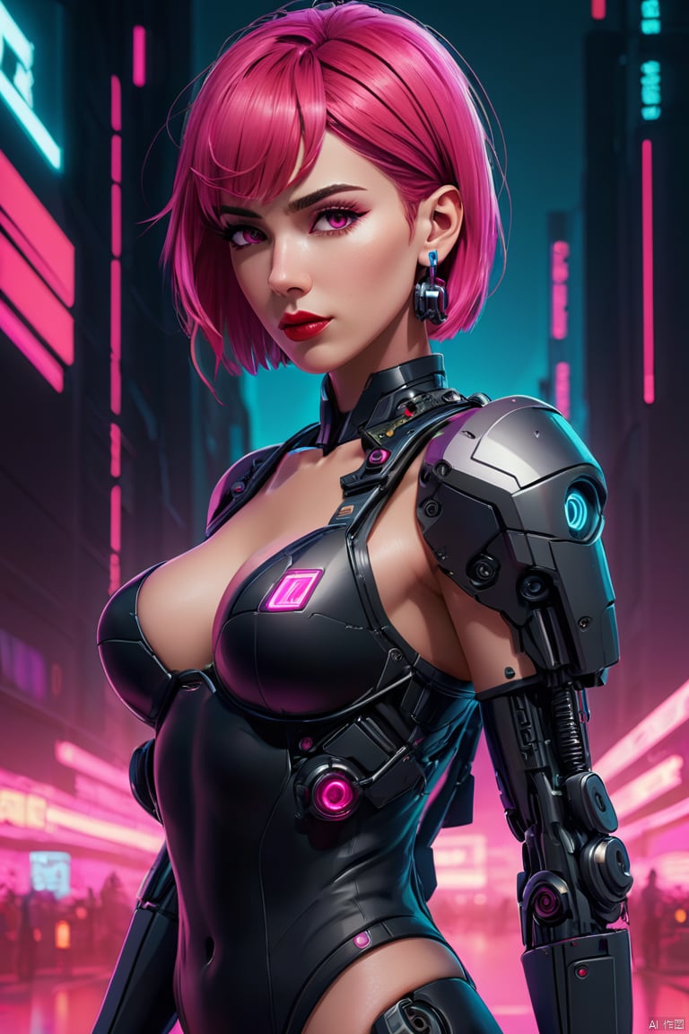 Anime Artwork Lucy (Cyberpunk),  Pink Short Hair,  Pink Eyes,  Red Lips,  (Front),  (Full Body),  Bodysuit,  Punk Stud Earrings,  Bossy,  Brave,  Key Visual,  Vibrant,  High Detail,  Illustration,  Short Straight Hair,  Futurism,  NFT Art,  Solid Color Background,  Robotic Arm,  Cartoon Coloring,  Tendal Effect. Non-Realistic Rendering Transparency,  Color Tilt,  Animation,  Blender Geometry Art,  Intrlligence 4k Image,  Epic,  Cinematic Effects,  Neon Cold Pounding,  Octane Rendering,  OC,  8k