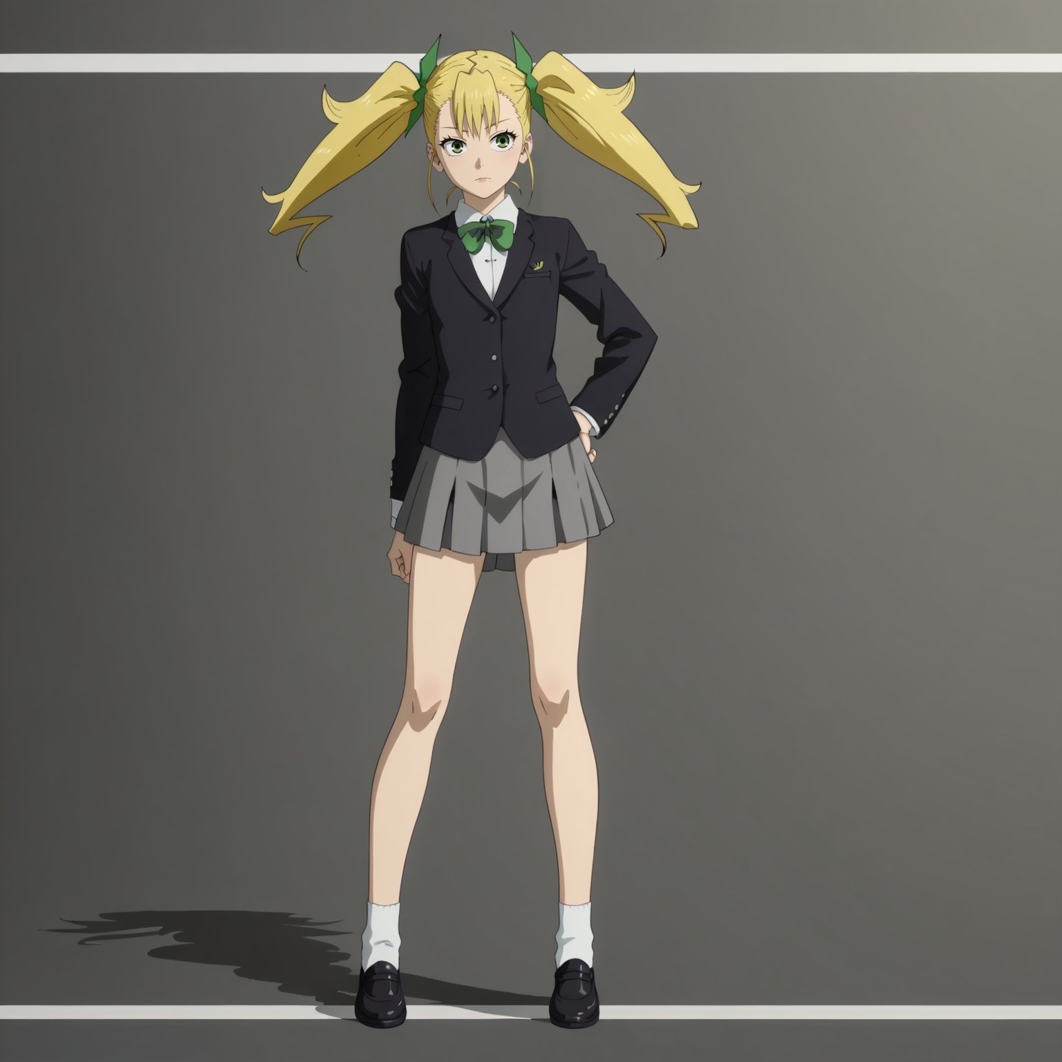 <lora:KikoruShinomiyaXLpony001>,solo,KikoruShinomiya,1girl,blonde hair,twintails,green eyes,full body,standing,business_suit,skirt,