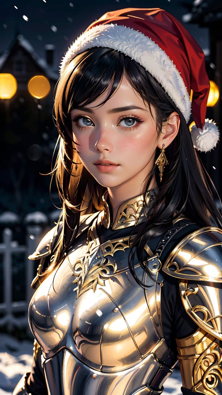 Portrait of a girl, the most beautiful in the world, (medieval gold armor), metal reflections, upper body, outdoors, intense moonlight, far away castle, professional photograph of a stunning woman detailed, perfect bobbed sexy intense black hair, Santa Clauss hat, perfect snowing night, sharp focus, dramatic, award winning, cinematic lighting, volumetrics dtx, (film grain, blurry background, blurry foreground, bokeh, depth of field, perfect night, interaction, Perfect chainmail), (masterpiece), (extremely intricate:1.3), (realistic), HDR+