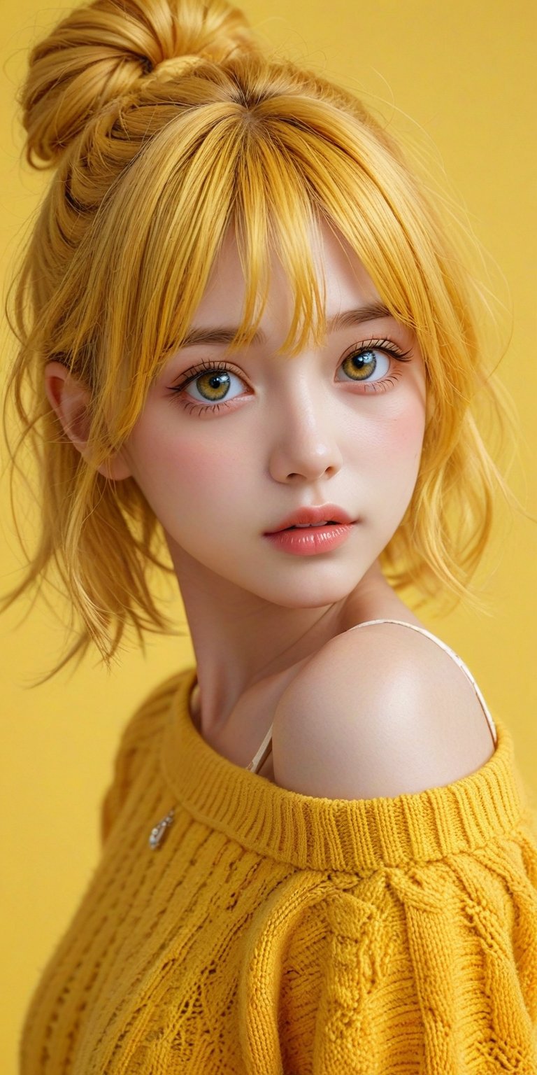 (masterpiece, high quality, highres,Highest picture quality), (Master'******),yellow background,dynamic Angle,Solid color background,Flat color,cute little girl,loli,solo,solo focus,detailed eyes,detailed face,shiny hair, shiny skin, shiny eyes, yellow hair,low twintails,collarbone, bare shoulders,yellow clothes, 