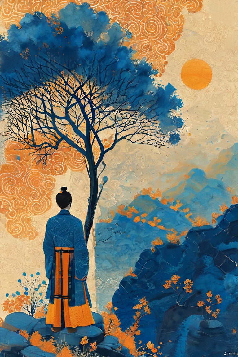 Zen painting illustration,man overlooking cliff, flowing patterns, textured, blue and orange palette, traditional attire, serene, stylized natural elements, minimalist figure, digital art, vintage aesthetic, 1girl, HHL<lora:EMS-307144-EMS:0.800000>