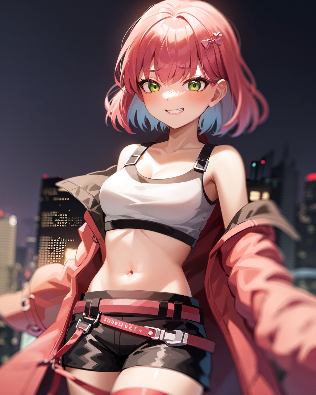 1girl, kisikilslf1, pink hair, green eyes, short hair,white tank top, midriff, shorts, pink belt, asymmetrical legwear, oversized pink jacket,outdoors, city, night sky, pink ambient lighting, cyberspace, grin, <lora:kisikilv2-000006:0.8>