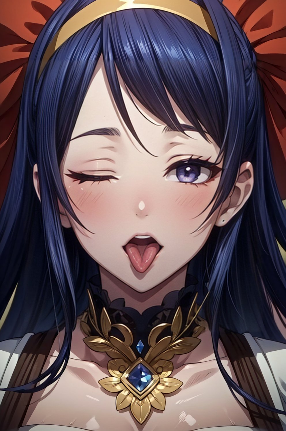 8k,best quality,masterpiece,rule of thirds,superb,high resolution,sharp focus,extremely detailed description,professional,gorgeous and intricate details,Face with a playful tongue and one eye closed,cowboy shot,OVA_Shiho Aima,<lora:OVA_Shiho Aima:0.8>,blue hair,black hair,hairband,1girl,