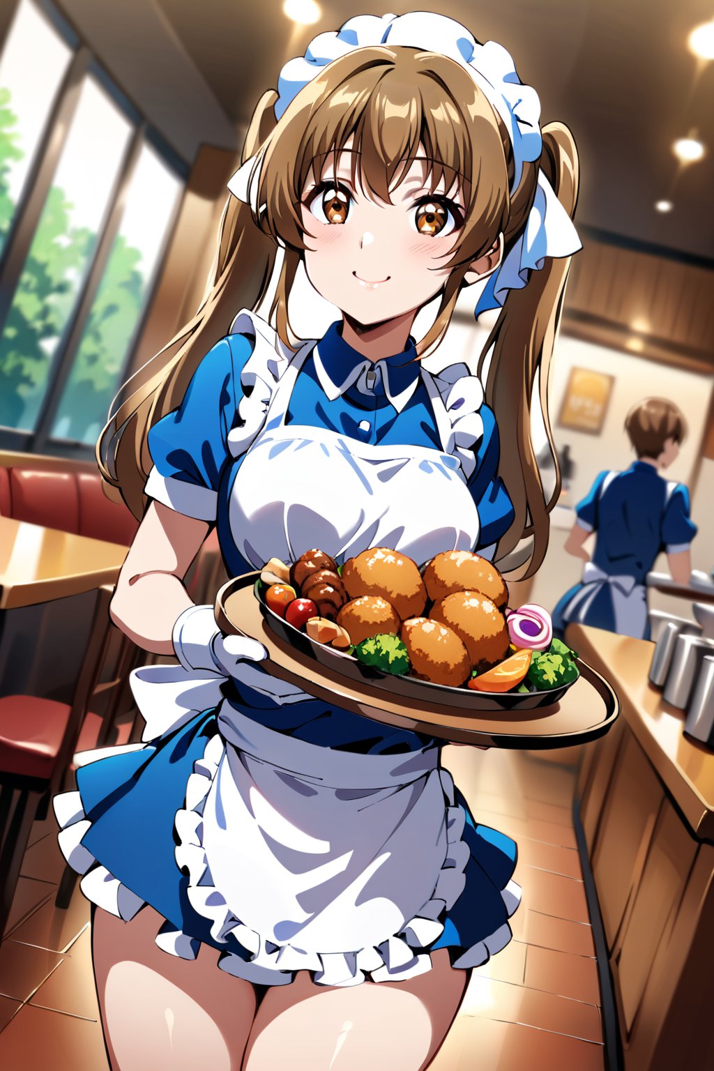 cowboy shot, sunohara shizuka, 1girl, sidelocks, brown eyes, twintails, smile, apron, blue shirt, blue skirt, frilled apron, frills, gloves, head scarf, shirt, short sleeves, skirt, uniform, waist apron, waitress, white apron, white gloves, food, tray, food tray, indoors, restaurant, looking at viewer, dutch angle, cowboy shot, vibrant lighting, high contrast, dramatic shadows, highly detailed, detailed skin, depth of field, masterpiece, best quality, expressive eyes, perfect face, perfect body, beautiful girl, cute girl, <lora:sunohara shizuka async 731:1>