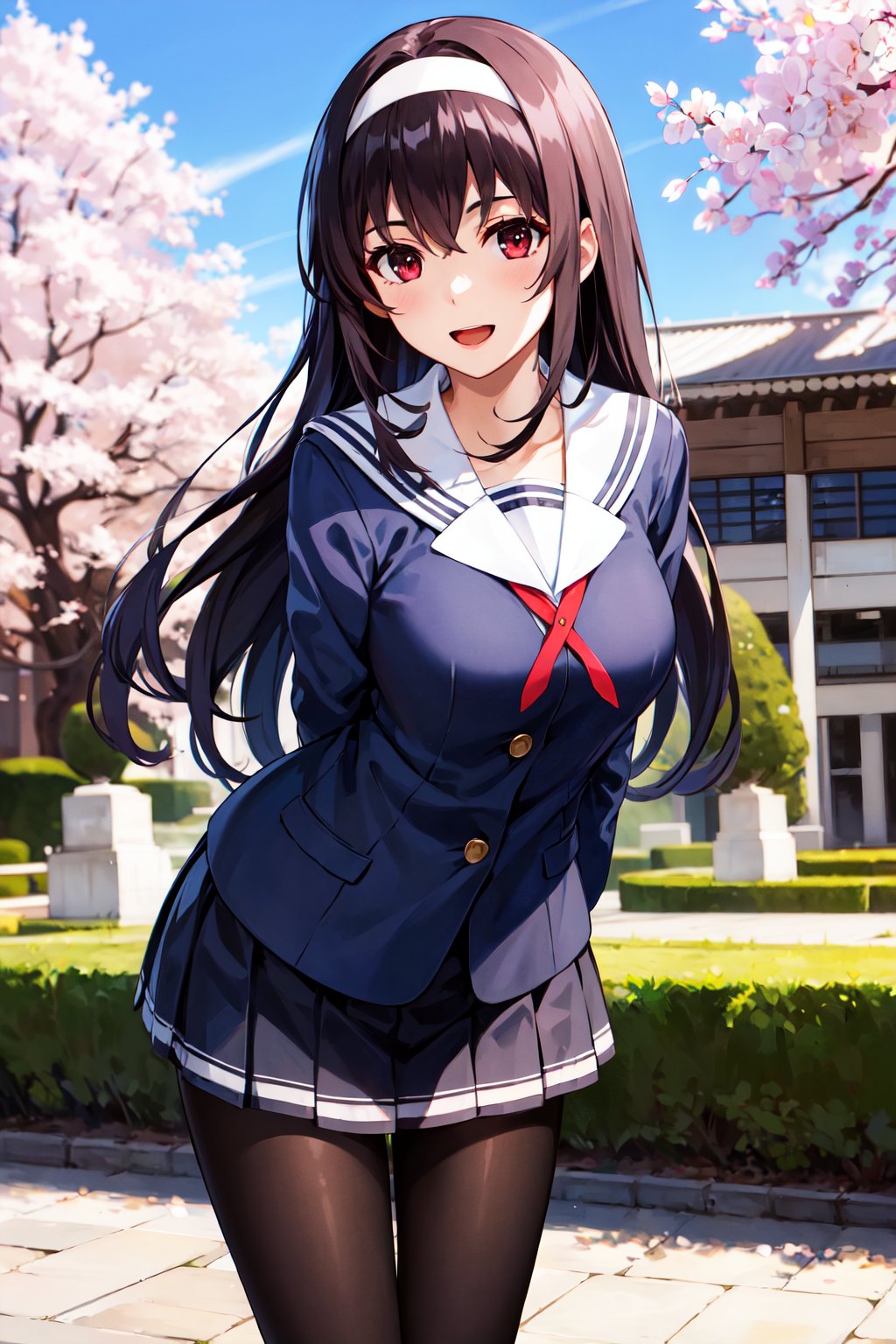 masterpiece, best quality, highres, aautaha, long hair, black hair, hairband, school uniform, sailor collar, blue blazer, long sleeves, pleated skirt, blue skirt, black pantyhose, <lora:kasumigaoka_utaha_v2-1:0.7>, arms behind back, cherry blossoms, outdoors, standing, cowboy shot, smile, open mouth, leaning forward,