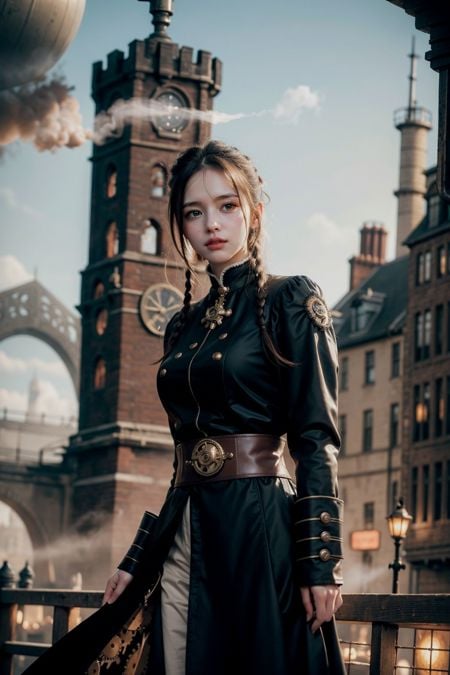 (realistic:1.3) , finely detailed, quality, (masterpiece:1.2) , (photorealistic:1.2) , (best quality) , (detailed skin:1.3) , (intricate details) , ray tracing, dramatic, (1 girl:1.7), cute girl, portraitBREAKA sprawling city filled with Victorian architecture and clockwork towers, Airships float in the sky above, while steam-powered carriages travel on the streets below, The foreground features brass pipes and cogs and gears, along with copper boilers and factories with smokestacks emitting steam