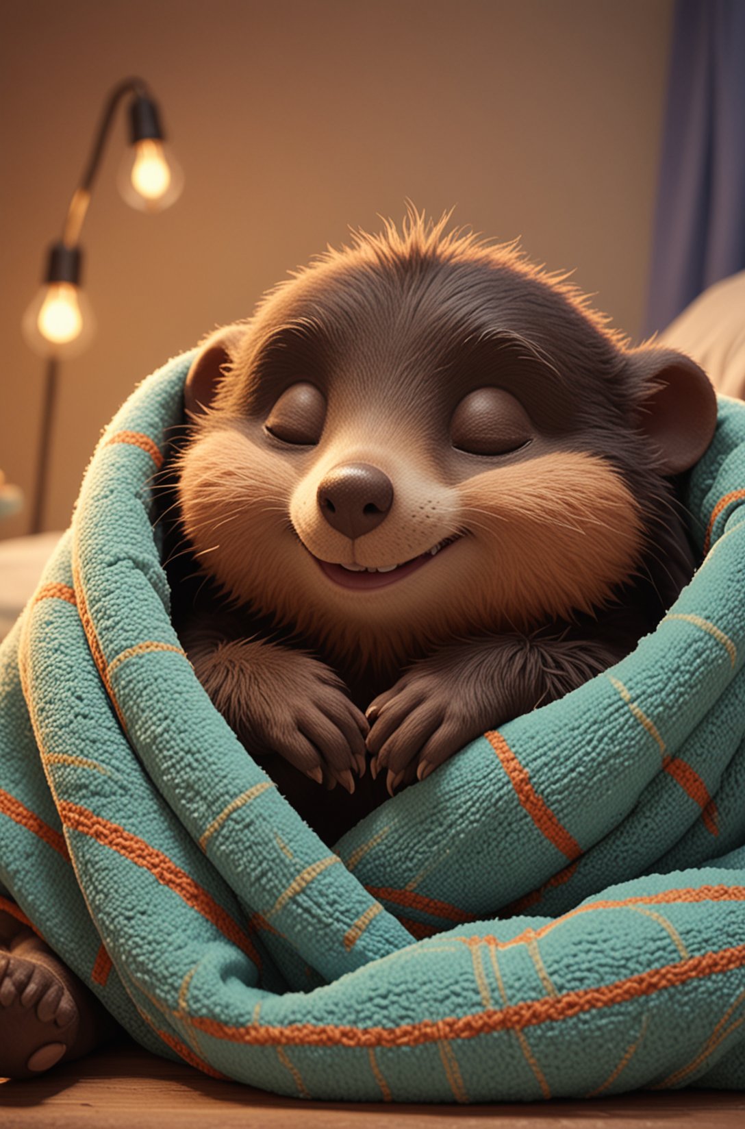 Cute cartoon style of a adorable little colourful Mole, snuggled, curled up, smiling, sleeping with a little blanket, tiny bedroom, on a bed under the blanket, ethereal, soft, detailed, beautiful, cosy, cute, Pixar, snoozing, 3D render, UHD