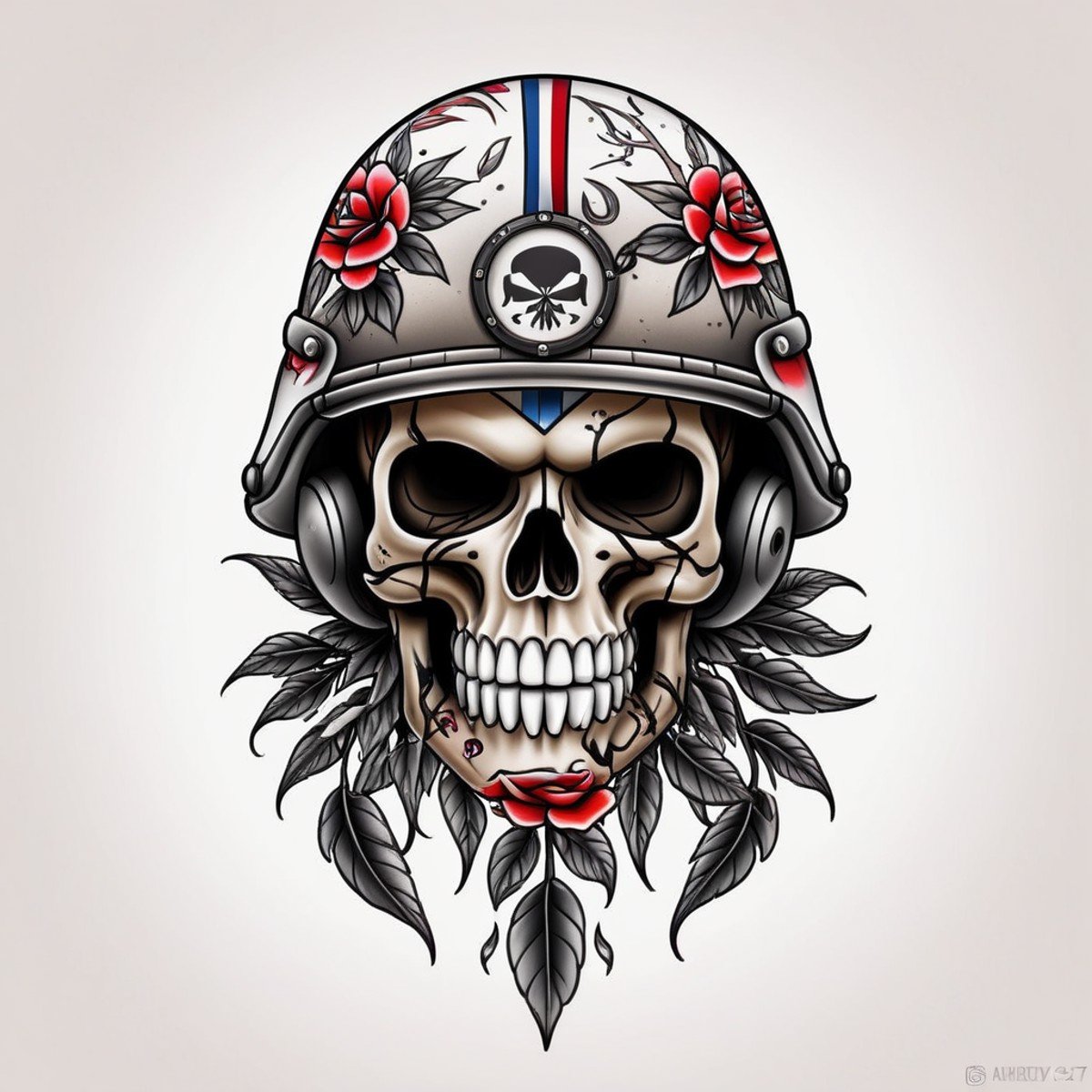 <lora:Traditional_Tattoos:0.65> modern military helmet in style of tr4dt4t, traditional tattoo, white background, american, skull