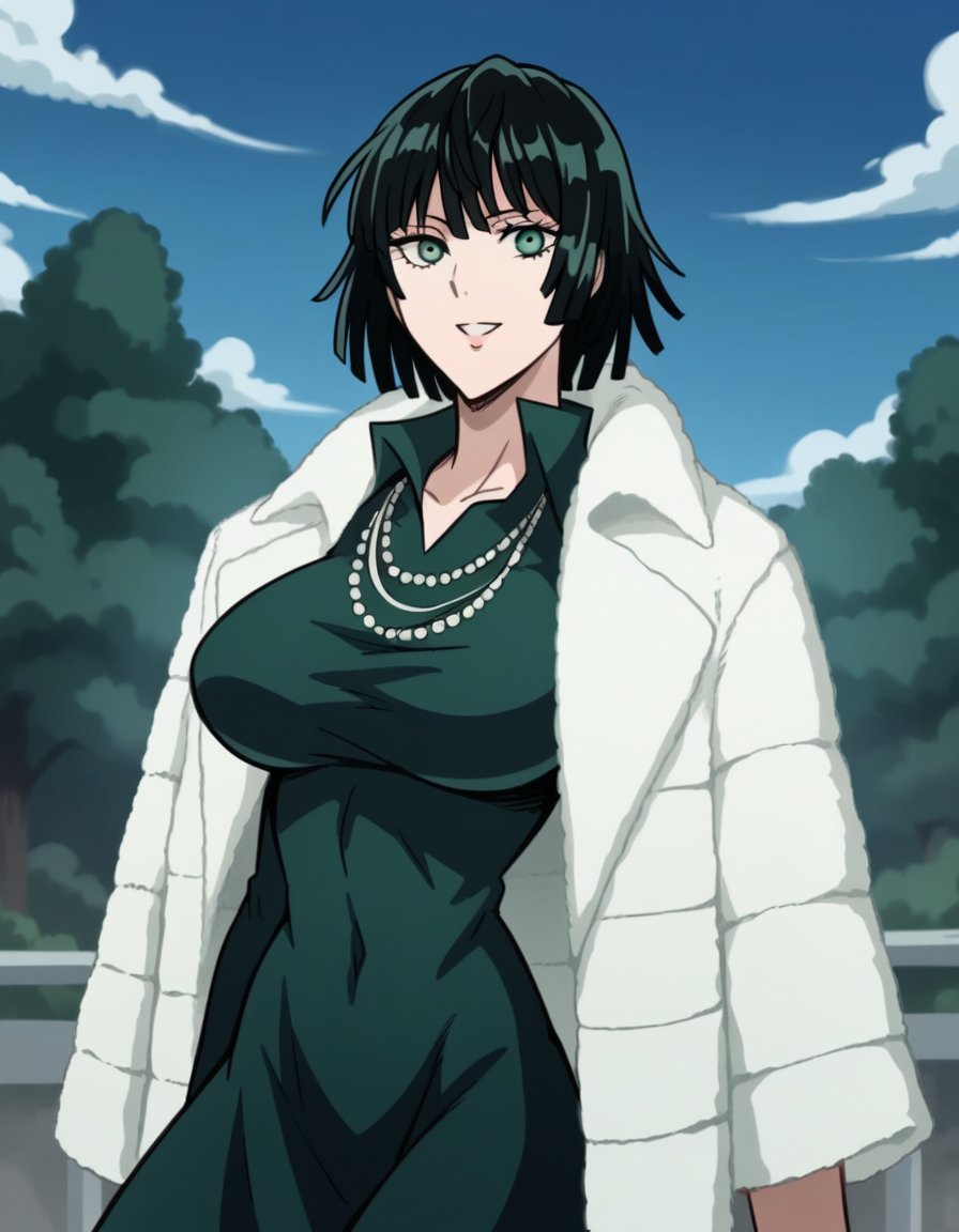 score_9, score_8_up, score_7_up, source_anime, <lora:opm-fubuki-anime-s1s2-ponyxl-lora-nochekaiser:1>, fubuki, fubuki \(one-punch man\), black hair, green eyes, short hair, large breasts,, black dress, dress, fur coat, high collar, jewelry, necklace, off shoulder, taut clothes, taut dress,, backyard, barbecue, grilling, laughter, summer evening, smile, looking at viewer, solo,, cowboy shot, dutch angle