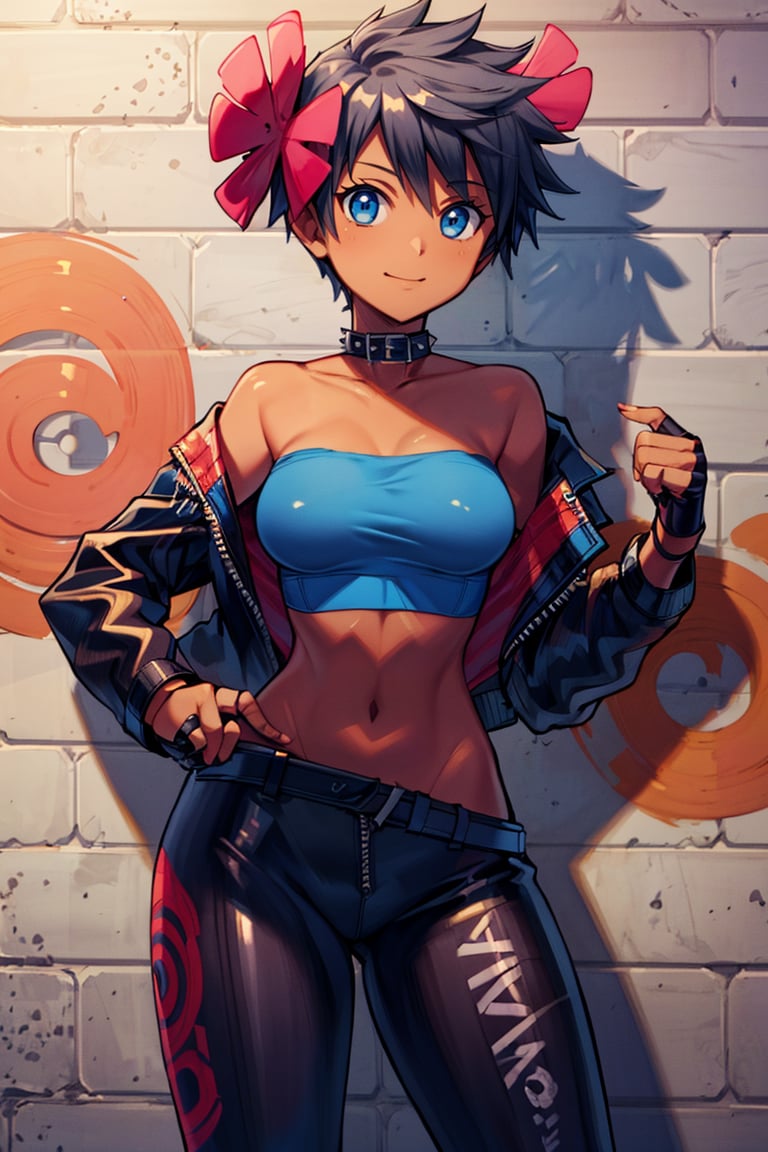 <lora:Bold_CAT:0.4>,  <lora:more_details:0.5>,  ((masterpiece, best quality)), <lora:Phoebe_Pokemon:0.8>, Phoebe_Pokemon,  blue eyes, hair flower, dark skin,  solo, smile,  leather jacket, leather pants, strapless bra, black jacket, tight pants, black choker, zipper, fingerless gloves, biker clothes, spikes, unzipped, multiple belts, shiny clothes, high collar, (graffiti:1.2), brick wall,