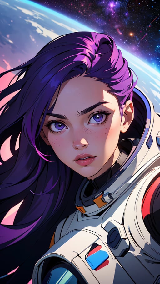 (best quality, masterpiece, perfect face, beautiful and aesthetic:1.2, colorful, dynamic angle, highest detailed face) fashion photography of cute astronaut girl with long iridiscent purple hair, in space (intricate details, hyperdetailed:1.15), detailed, sunlight passing through hair, (beautiful galaxy background), (high contrast, official space art, extreme detailed, highest detailed), HDR+