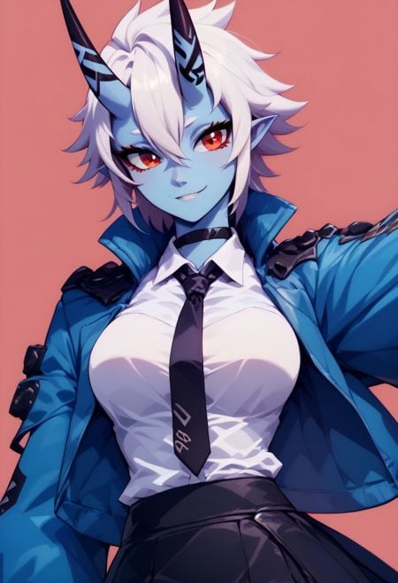 score_9, score_8_up, score_8, big breasts, (curvy), cute, eyelashes, BREAK, soukaku, red eyes, blue skin, white hair, short hair, horns, oni, black choker, blue jacket, white collared shirt, black tie, black skirt, soukaku, blue oni, hair between eyes, jacket, long sleeves, necktie, shirt, short hair, skirt, smile, soukaku (zenless zone zero), white shirt,  zPDXL,