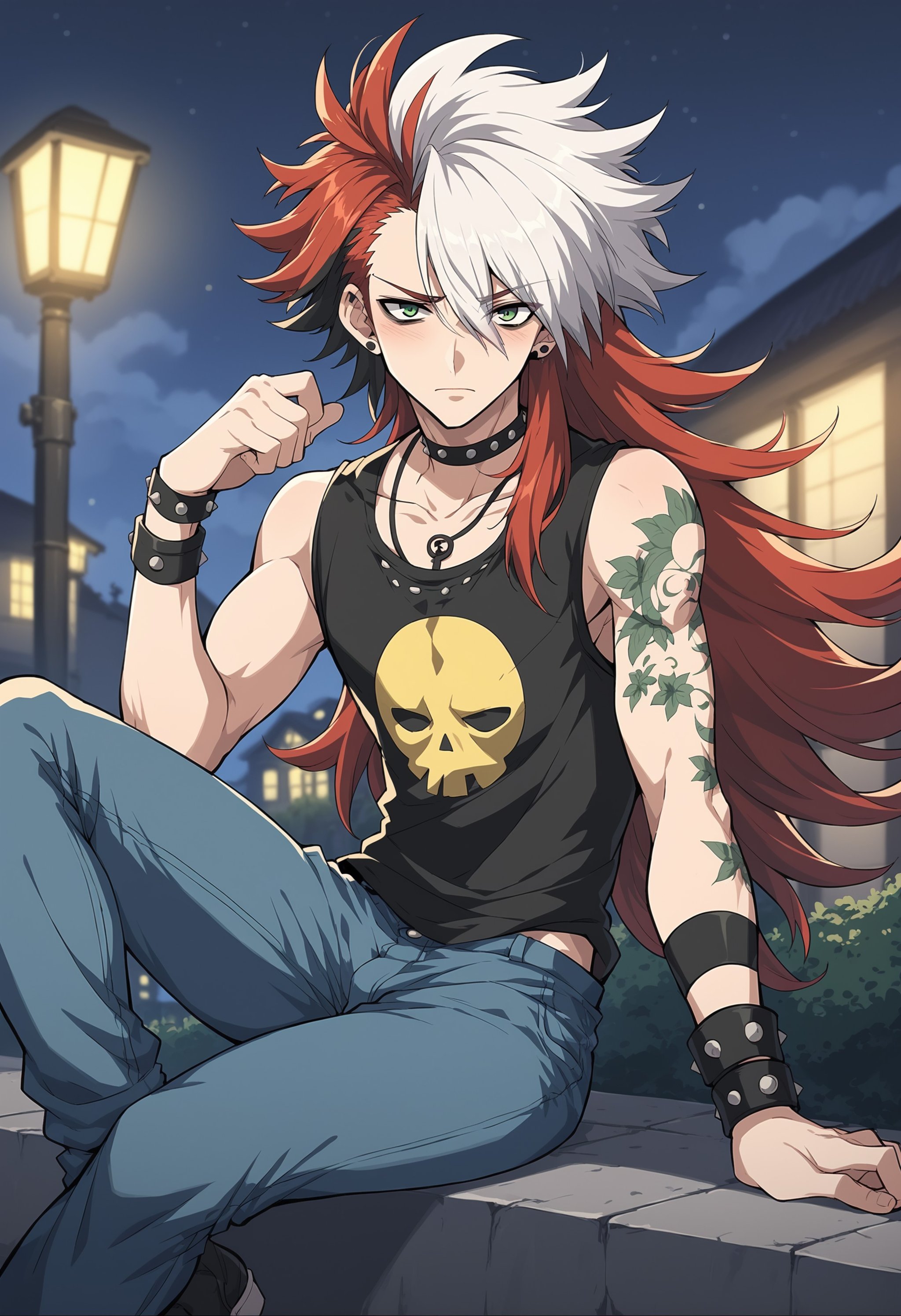 source_anime, newest, 1boy, solo, (male focus:.7), transgender male, red hair, white hair, green eyes,  two tone hair, long hair, wearing a yellow and green x-men shirt, 90s aesthetic, curly hair, denim jeans,  goth eye liner, wristband, emo punk style, (punk:1.5), jewelry, depth of field, tattoos, minneapolis, (night sky:1.2), wind swept hair, (seductive), (sitting on the sidewalk:.6), shy, (sidelighting), (volumetric lighting), BREAK PonyXLV6_Scores