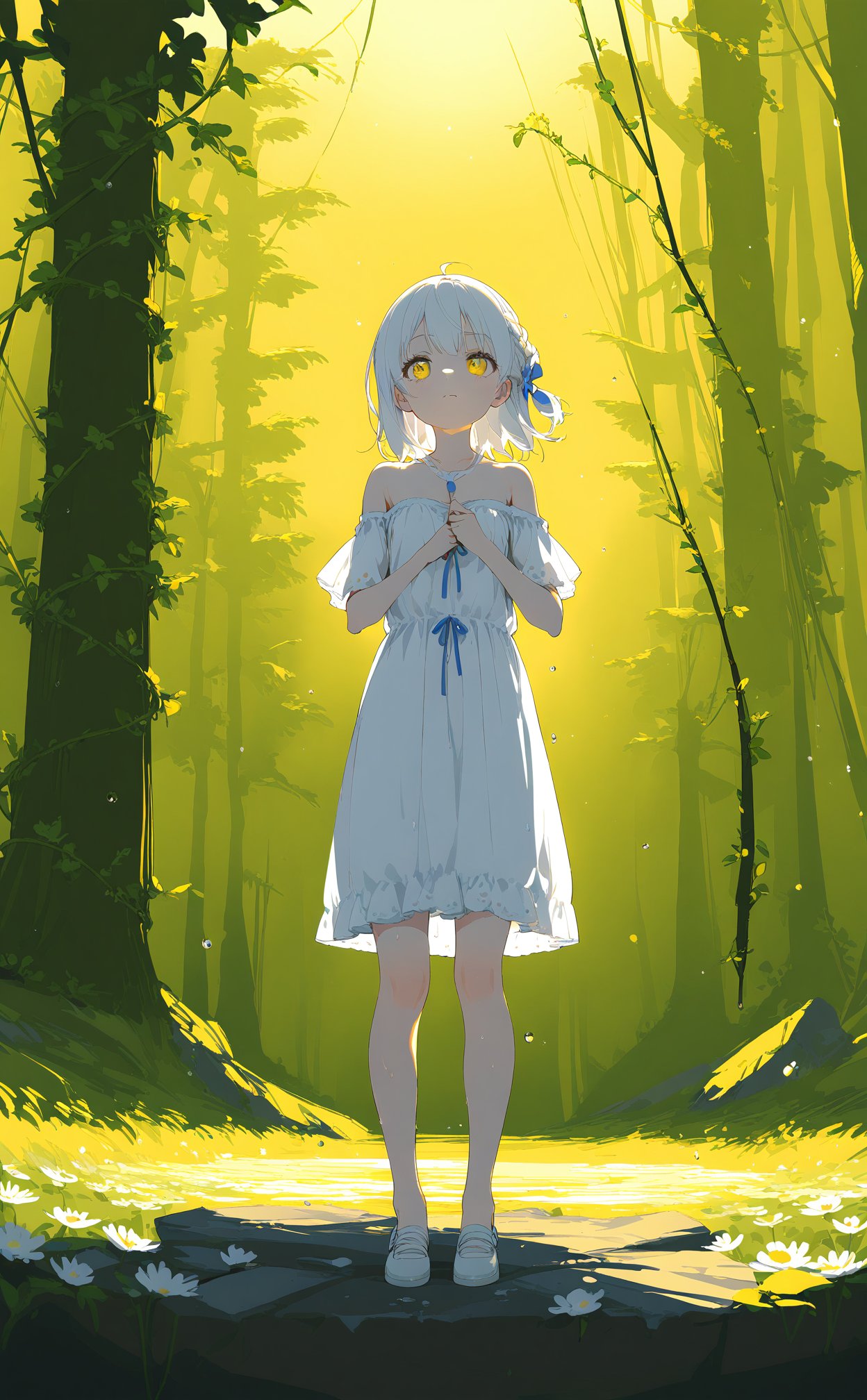 (masterpiece),(best quality),illustration,ultra detailed,hdr,Depth of field,(colorful),loli,yellow theme,the setting sun,Chamomile,Chamomile,cornflower,vines,forest,ruins,lens flare,hdr,Tyndall effect,damp,wet,1girl,bare shoulders,broken glass,broken wall,white hair,white dress,closed mouth,constel lation,flat color,braid,blinking,white robe,float,closed mouth,constel lation,flat color,looking up,standing,medium hair,standing,solo,