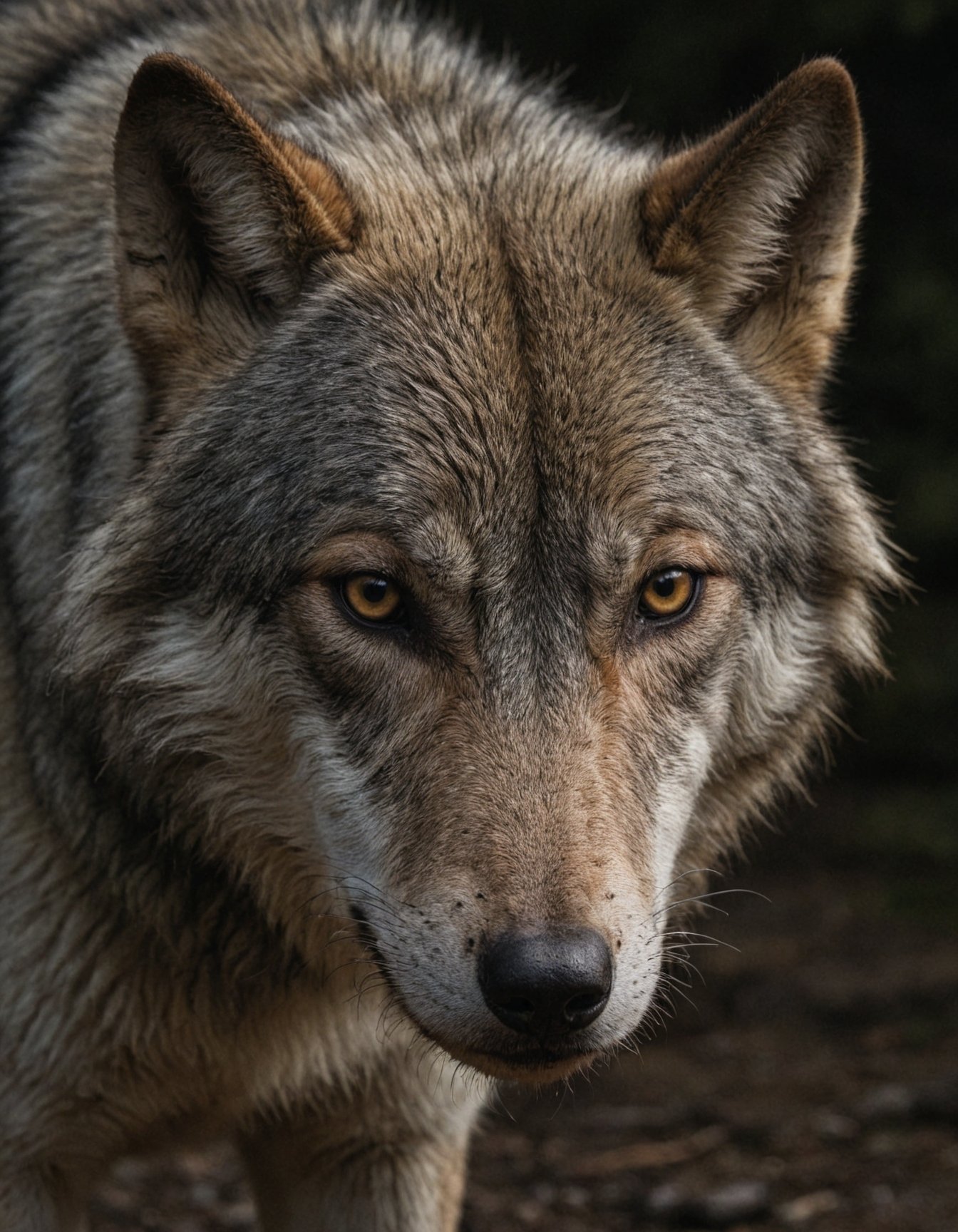 closeup award winning photo of wolf, perfect environment, extremely detailed, dark shot