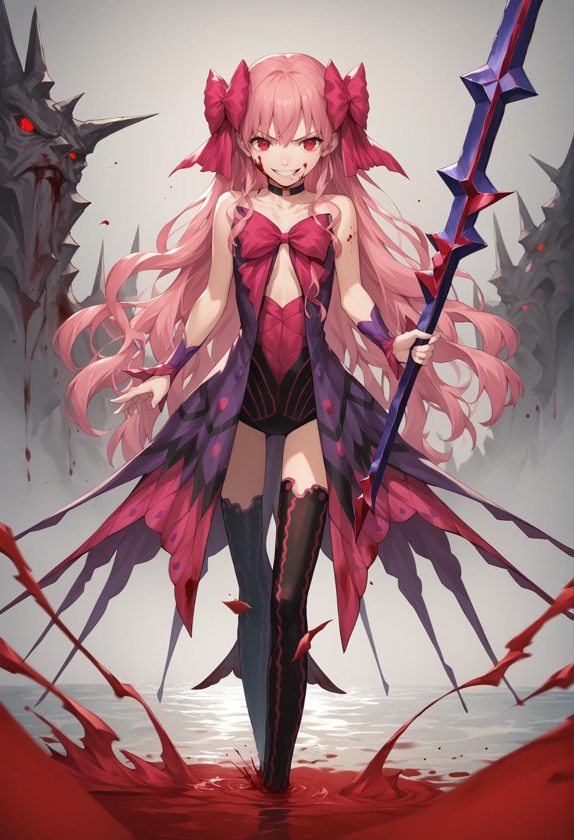 1girl, really long hair, pink hair, red eyes, mole under mouth, hair bow, choker, ribbon, leotard, center opening, bare shoulders, black thighhighs, wrist cuffs, knee boots, walking, wading, blood, blood pool, evil smile, red eyes, holding staff. throns <lora:Apostle_Noel:1>, score_9, score_8_up, score_7_up, score_6_up, score_5_up, score_4_up, BREAK source_anime, masterpiece