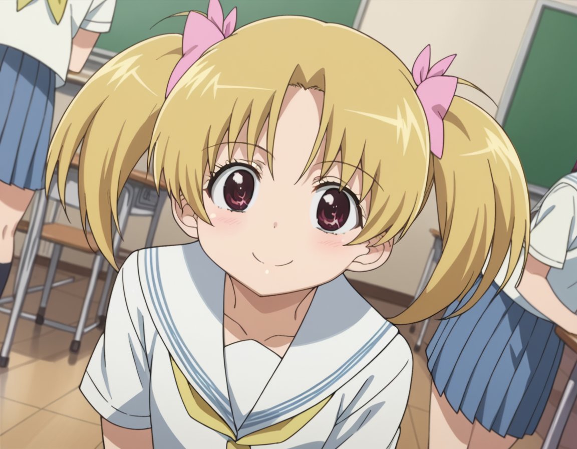 score_9, score_8_up, score_7_up, source_anime,mikazukikiryuu, <lora:mikazuki-kiryuu-ova-ponyxl-lora-nochekaiser:1>,mikazuki kiryuu, short hair, blonde hair, twintails, brown eyes, smile,skirt, school uniform, serafuku, yellow neckertie, blue skirt, short sleeves,indoors, classroom, smile, bent over,looking at viewer, dutch angle, cowboy shot,