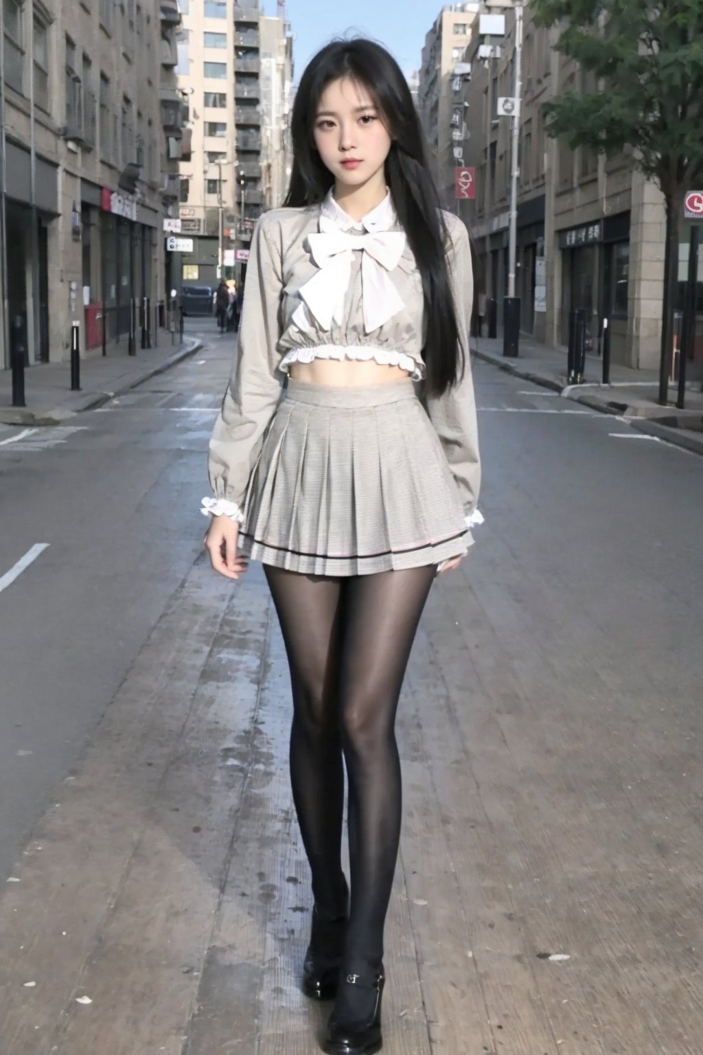 masterpiece,best quality,(cityscape:1.4),(street:1.4),(outdoors:1.3),(photorealistic:1.4),unity 8k wallpaper,(ultra detailed:1.3),standing,1girl,solo,pantyhose,mingyuefuzhuang,high heels,breasts,baizhequn,black pantyhose,school uniform,pleated skirt,midriff,long sleeves,white skirt,