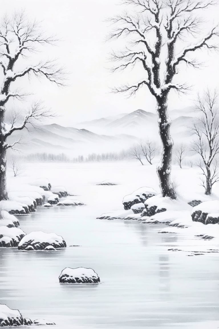 ((HRD, HUD, 8K)),((masterpiece, best quality)), highly detailed, soft light,InkAndWash, no humans, monochrome, tree, scenery, outdoors, greyscale, traditional media, snow, bare tree, nature, lake, winter,  <lora:20240415-1713175931242:0.8>