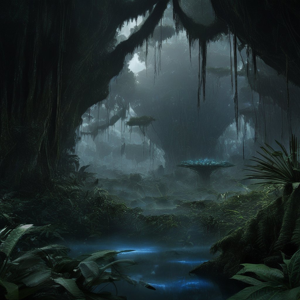 Background concept for the movie “Avatar”, forest, daytime, alien planet, beautiful landscape, alien plants