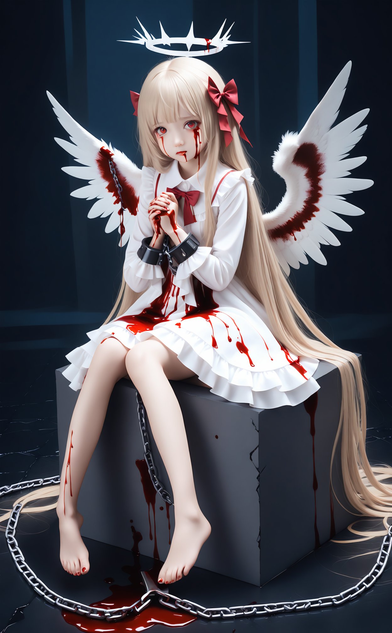 masterpiece,best quality,high quality,realistic,1girl, blood, wings, long hair, barefoot, chain, angel wings, halo, dress, white dress, blood on hands, blood on clothes, angel, red eyes, sitting, cuffs, solo, feathered wings, ankle cuffs, shackles, blood from eyes, bow, hair bow, blood on face, blonde hair, very long hair, white wings, looking at viewer, red bow, full body, red nails, knees together feet apart, long sleeves, crying, crying with eyes open, own hands together, frills, blood on leg, chained, tears, nail polish, blood stain, closed mouth, feet, bound, toenails, frilled dress, broken chain, blood on arm