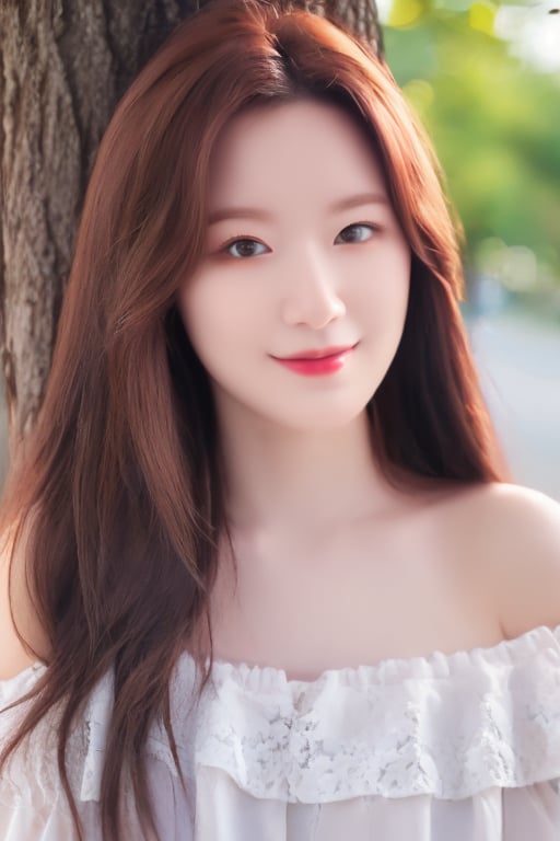 (masterpiece),(best quality),(realistic:1.3),((intricate details)),(cowboy_shot),1girl,solo,photo background,brown hair,long hair,straight_hair,looking at viewer,dress,smile,outdoors,realistic,brown eyes,off shoulder,bare shoulders,black hair,tree,breasts,<lora:liblibu_suhua010:1>,