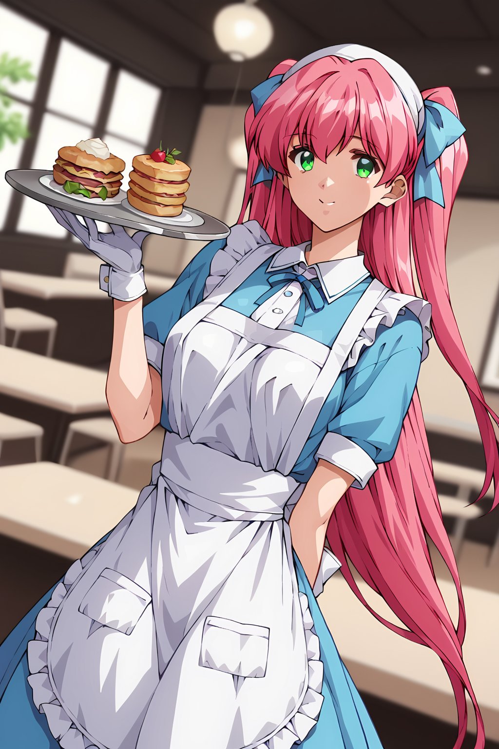 score_9, score_8_up, score_7_up, score_6_up, score_5_up, score_4_up, source_animesaeki kanako, 1girl, pink hair, green eyes, very long hair, two side-up, hair ribbon, blue ribbon, solo, smile, apron, blue shirt, blue skirt, frilled apron, frills, gloves, head scarf, shirt, short sleeves, skirt, uniform, waist apron, waitress, white apron, white gloves, food, tray, food tray, indoors, restaurant, looking at viewer, dutch angle, cowboy shot,masterpiece, perfect face, best quality, beautiful girl, blurry background, cute girl, beautiful eyes, shiny eyes, anime coloring, anime screencap, absurdres, <lora:saeki kanako auti 822:0.8>