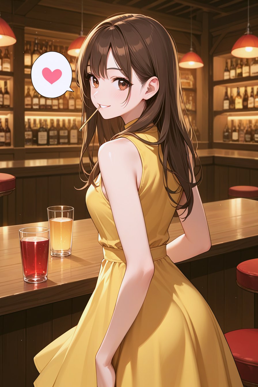 score_9, score_8_up, score_7_up, source_anime, rating_safe, 1girl, solo, long hair, looking at viewer, smile, in a bar, brown hair, detailed background, dress, brown eyes, jewelry, heart, sleeveless, looking back, speech bubble, sleeveless dress, mouth hold, table, spoken heart, yellow dress