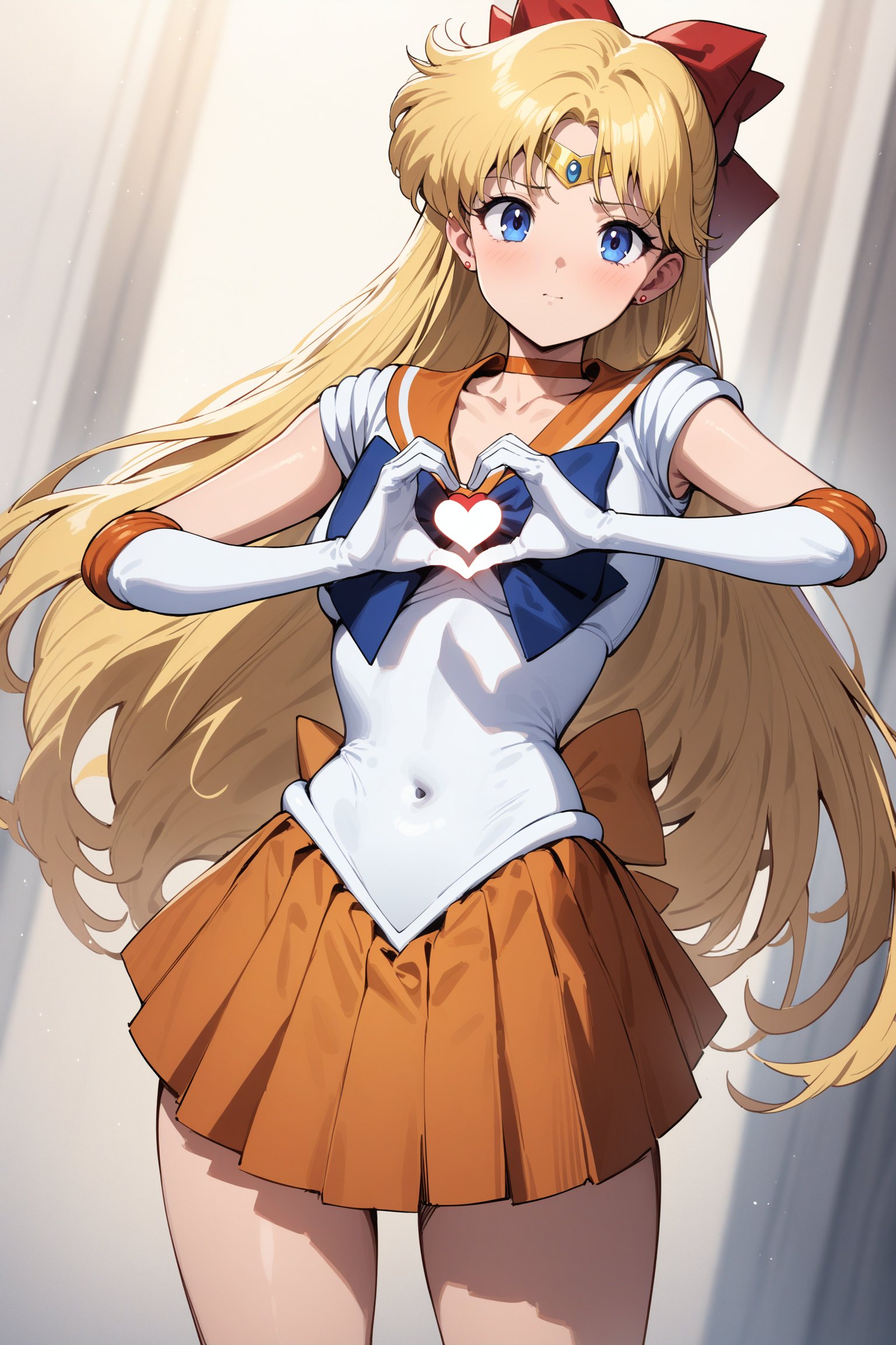 masterpiece, best quality, very aesthetic, absurdres, aavenus, long hair, blonde hair, hair bow, tiara, blue eyes, earrings, orange choker, collarbone, orange sailor collar, blue bowtie, white shirt, white leotard, elbow gloves, white gloves, pleated skirt, orange skirt,  <lora:sailor_venus_XL_v1(anima):0.9>, heart hands, 