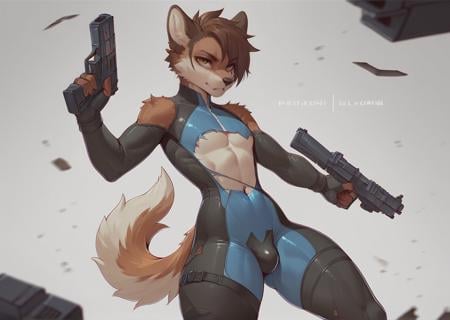 score_9, score_8_up, score_7_up, best quality, highest scoreanthro furry femboy, body suit, looking at viewer, damaged clothing, aiming a gun<lora:Melowh_Artist_Style_PonyXL:1>