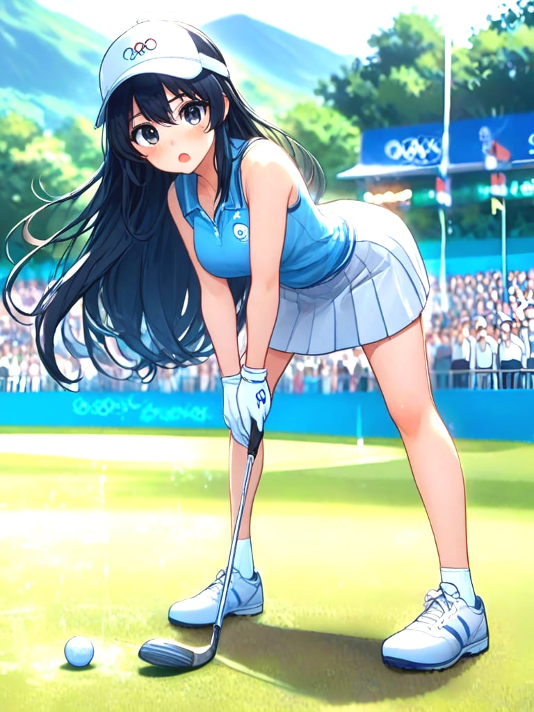 source_anime, playing golf, holding golf club, golf course, full body, 1girl, leaning forward, olympic rings, gloves, visor cap, polo shirt, sleeveless, skirt, ass, shoes, floating hair, black hair, absurdly long hair, ribbon, big tits, open mouth, shy, blush, frown, flare, scoreboard, outdoors, ball, <lora:girllikeplayinggolf_pony:0.9>