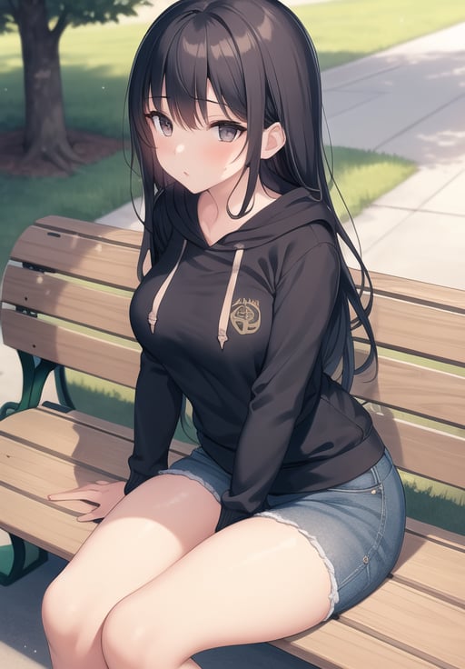 masterpiece,best quality,1girl,medium breasts,park,long hair,sitting,bench,hoodie,jeans