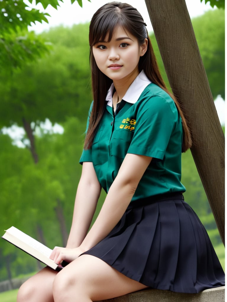 masterpiece,best quality, realistic, RAW photo, film grain,32k ,8k uhd, 1 girl, solo,full body , (detail skin:1.2), looking at viewer, portrait, closed mouth, simple background ,green shirt,black skirt,A high school girl studying in a campus setting, seated at a desk or on the grass, engrossed in her books. She's dressed in a school uniform, and her expression is focused and thoughtful. The background includes school buildings, trees, and perhaps other students in the distance. The scene should be as realistic as a high-resolution photograph, capturing the tranquility and concentration of a dedicated student, with soft and natural lighting,<lora:greenjk2:1>,((ruru))