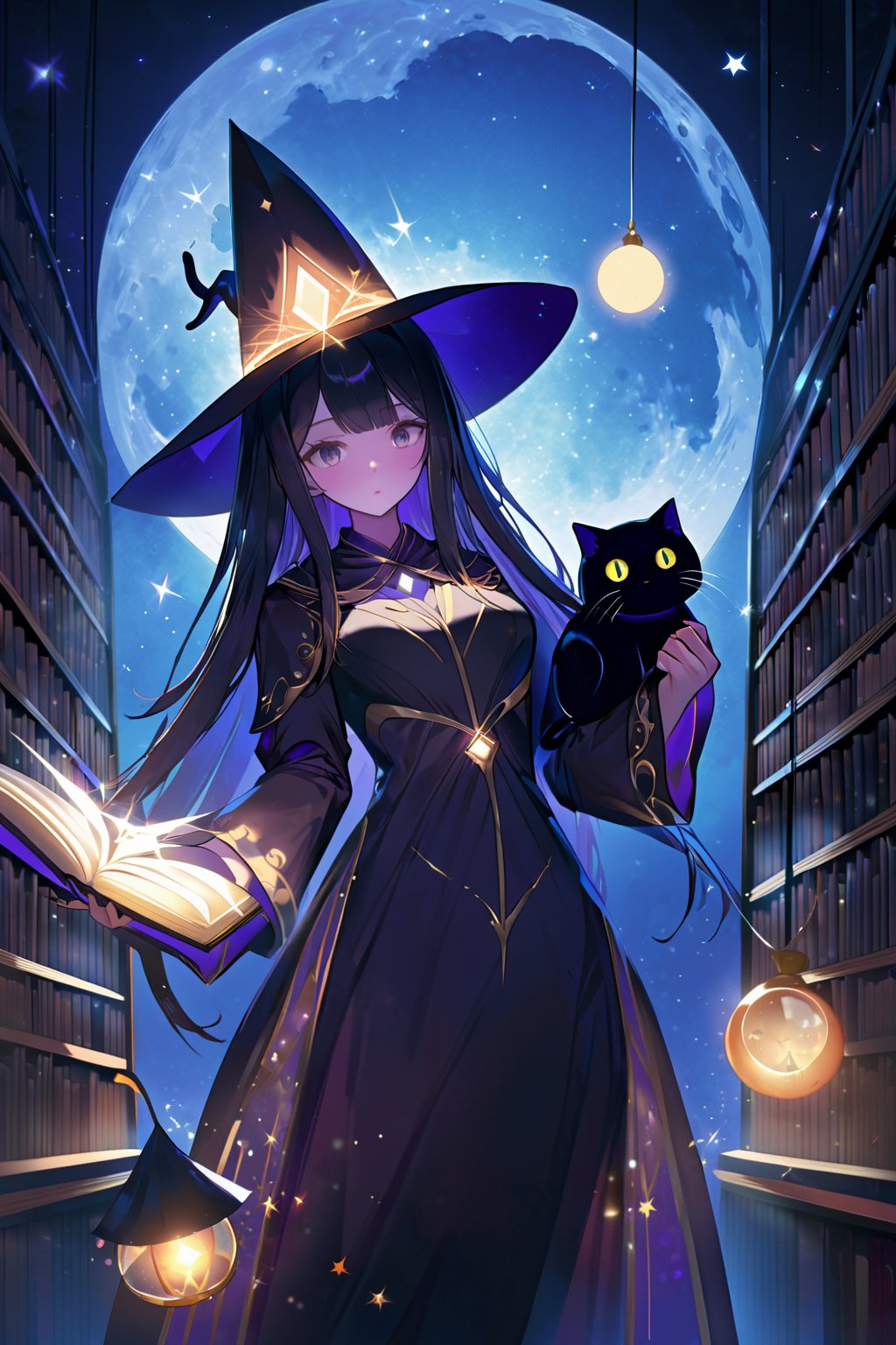 wizard, 1 girl, illuminated by the moonlight, with her black cat familiar, Fantastically lit library, invoking magic,best quality, newest, absurdres