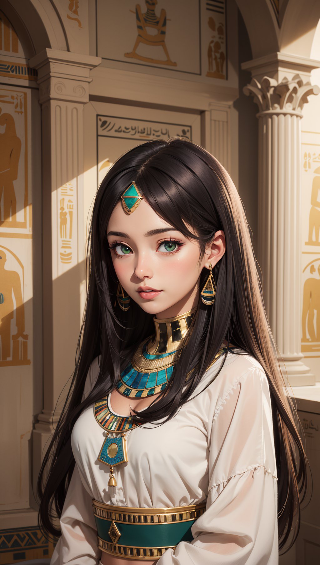 masterpiece,best quality,ultra detailed,anime style,1girl,young,cute,(tanned skin),egyptian girl,egyptian outfit,medium long hair,black hair,green eyes,medium large breasts,egyptian tomb,indoor,large room,illustrated walls,warm colors,beautiful face,happy,