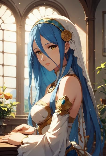 masterpiece,best quality, highly detailed, score_9, score_8_up, score_7_up, score_6_up,source_Anime,<lora:xl_more_art-full_v1:0.8>,half bodyBREAKazura_(fire_emblem), fire_emblem, 1girl, blue_hair, yellow_eyes, <lora:lightXL:0.8>neolight, sunlight, lamp, indoors,day