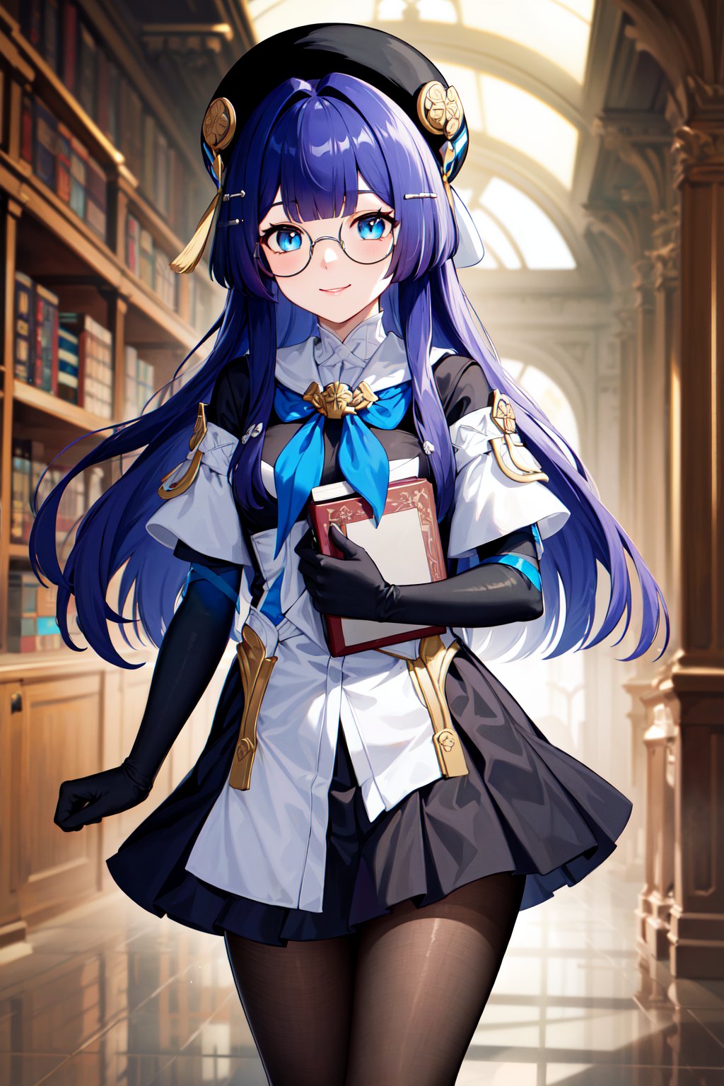 masterpiece, best quality, highres, aapela, long hair, hat, black headwear, hair ornament, glasses, blue neckerchief, dress, elbow gloves, black gloves, pleated skirt, black skirt, black pantyhose, <lora:pela_v1:0.7>, standing, library, holding book, cowboy shot, smile